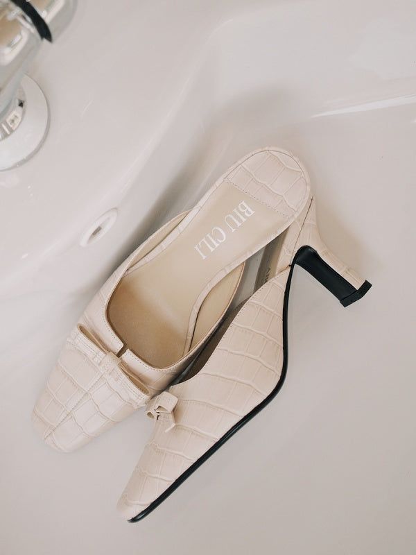 BIUCILI Original Design French-style Crocodile-patterned Cowhide Bow Low-cut High-heeled Mule Slippers For Women.