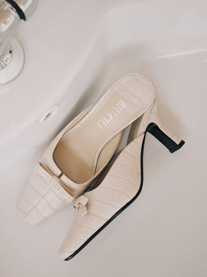 BIUCILI Original Design French-style Crocodile-patterned Cowhide Bow Low-cut High-heeled Mule Slippers For Women.