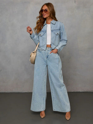 Denim Distressed Solid Color Jacket And Trousers 2-piece Sets