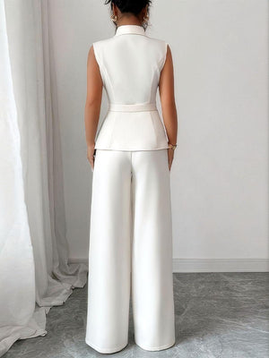 Buttons White V-neck Tank Tops Suit Trousers 2-piece Sets