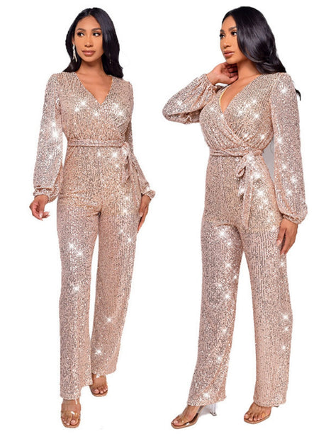 Deep V Long Sleeve Belt Sequins Jumpsuit