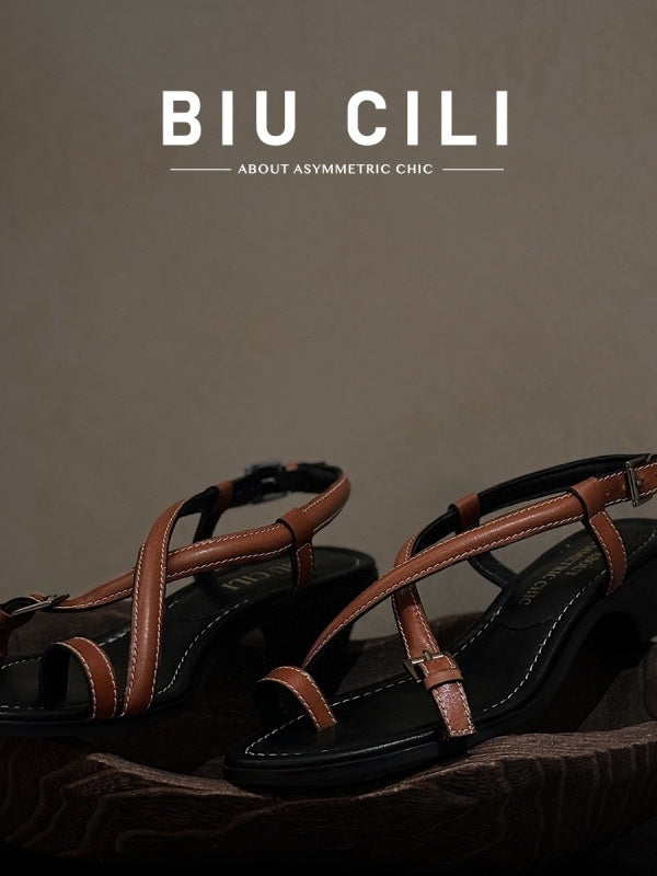 BIUCILI "Wu Qianyu's Style" Original Design French Resort Woven Open-Toe Mid-Heel Flip-Flops For Women