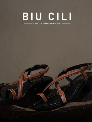 BIUCILI "Wu Qianyu's Style" Original Design French Resort Woven Open-Toe Mid-Heel Flip-Flops For Women