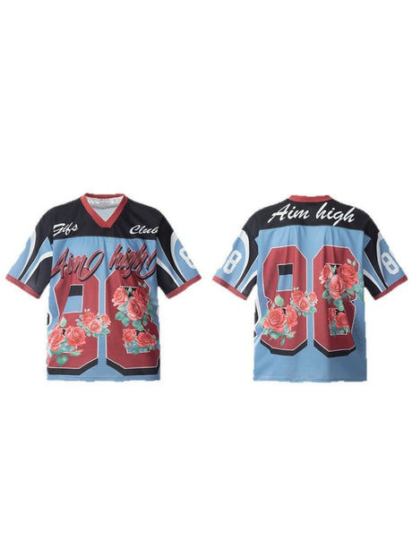 Rose Digital Printing Patchwork Mesh T-shirts