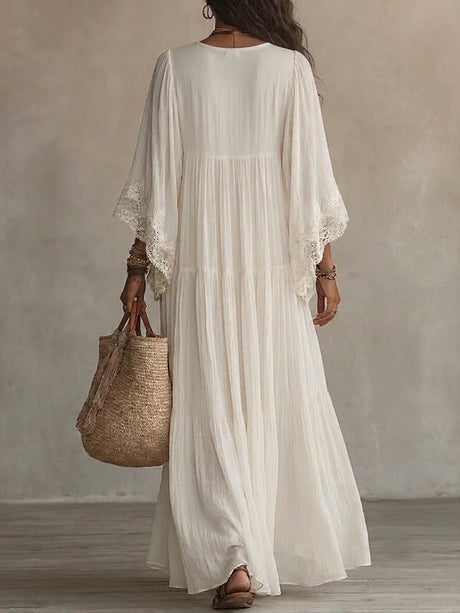 Batwing Sleeves V-neck Lace Stitching Beach Dress Seaside Smock Maxi Dresses