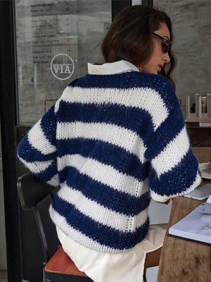 Blue And White Stripes Contrasting Colors Knitted Sweater