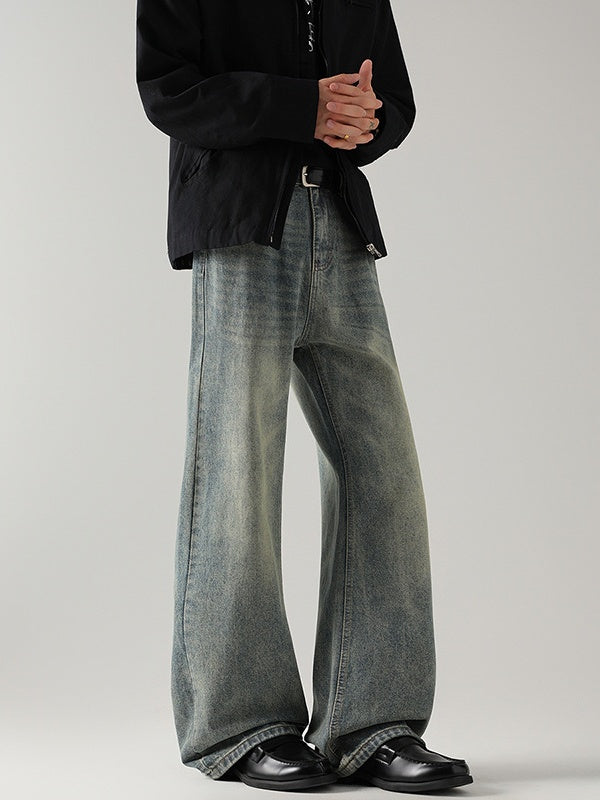 Retro Washing Cat Whisker Pattern Loose Slightly Flared Jeans