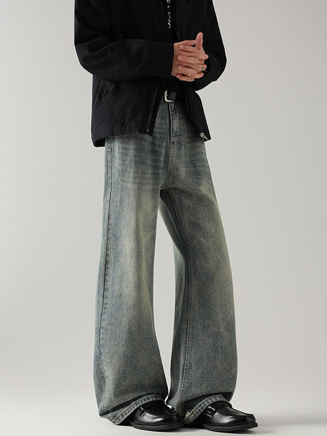 Retro Washing Cat Whisker Pattern Loose Slightly Flared Jeans