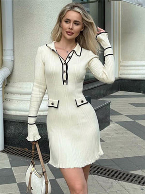Spliced Chanel Style Long-sleeved Lapel Button-down Ruffled Knitted Mid-length Dress