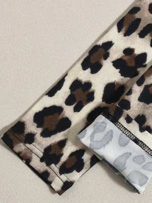 Liber Leopard Print Hip Wrap Square Collar Bell-bottoms Long-sleeved Bodysuit/pants