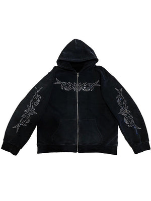 Crew Neck Loose Letter Rhinestone Zip-up Hoodie