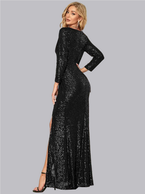 Liber Autumn women's sequins Long sleeve High-slit V-neck long dress