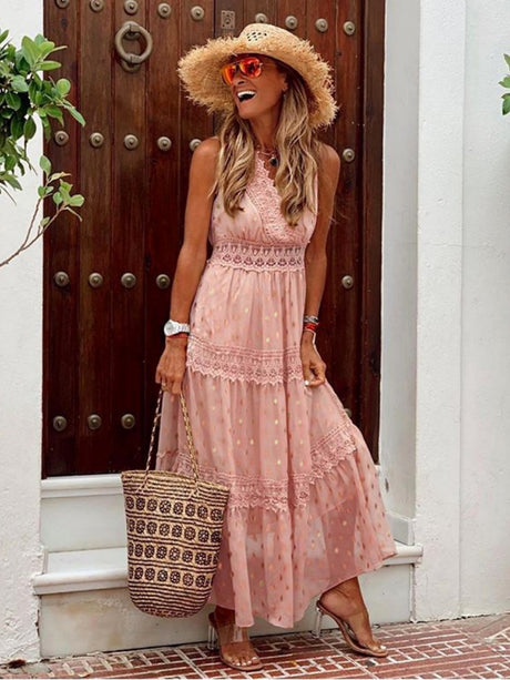 Deep V Sleeveless Lace-trimmed Chiffon Long Dress