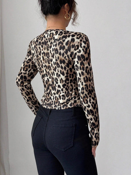 Short Leopard Print Blend Fabric Contrasting Colors Long-sleeved Knitted Cardigan