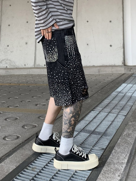 Diamond Full Diamond Hole Gradient 7 Points Denim Shorts