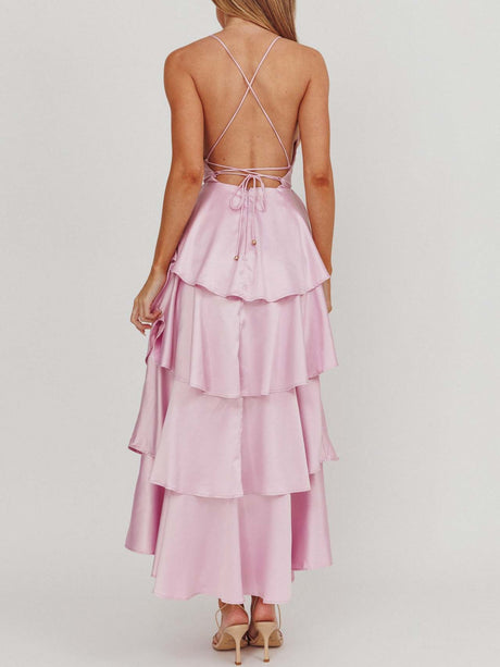 Ruffled Splicing Satin V-neck Tank Top Maxi Dresses