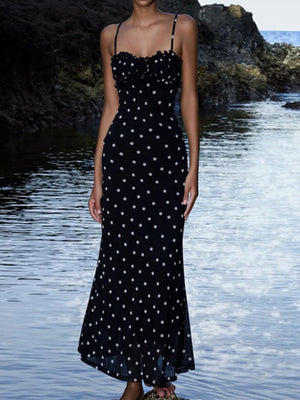 Polka Dots Spaghetti Strap Backless Bodycon Slimming Maxi Dresses