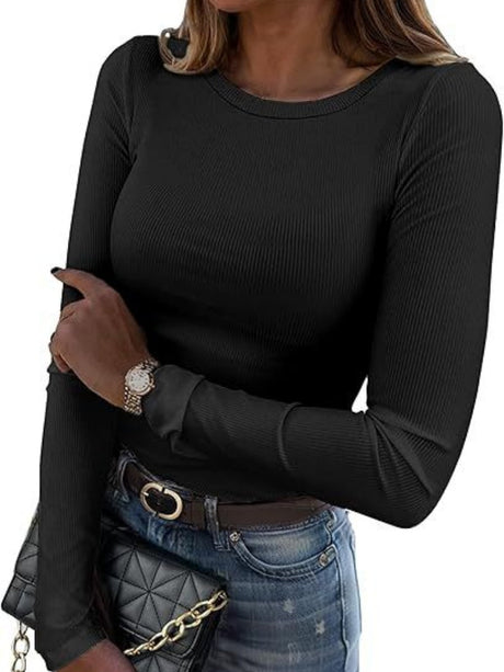 Pit Strip Long Sleeve Elastic Crew Neck Ribbed Slim Fit Basic T-shirts