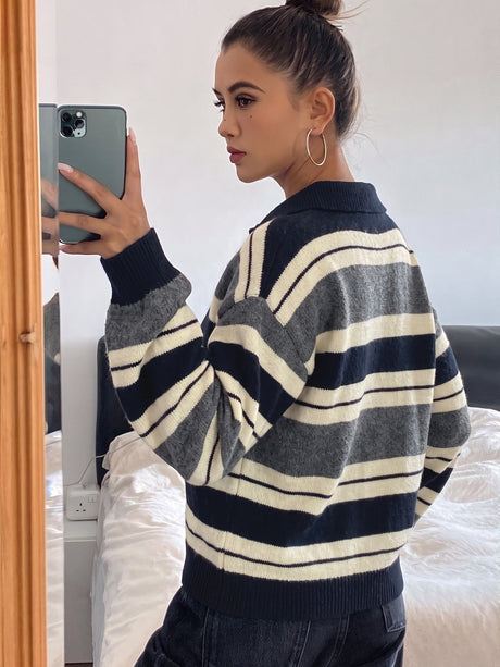 Casual Preppy Style Loose Striped Color-blocked Collar Half-open Knit Sweater