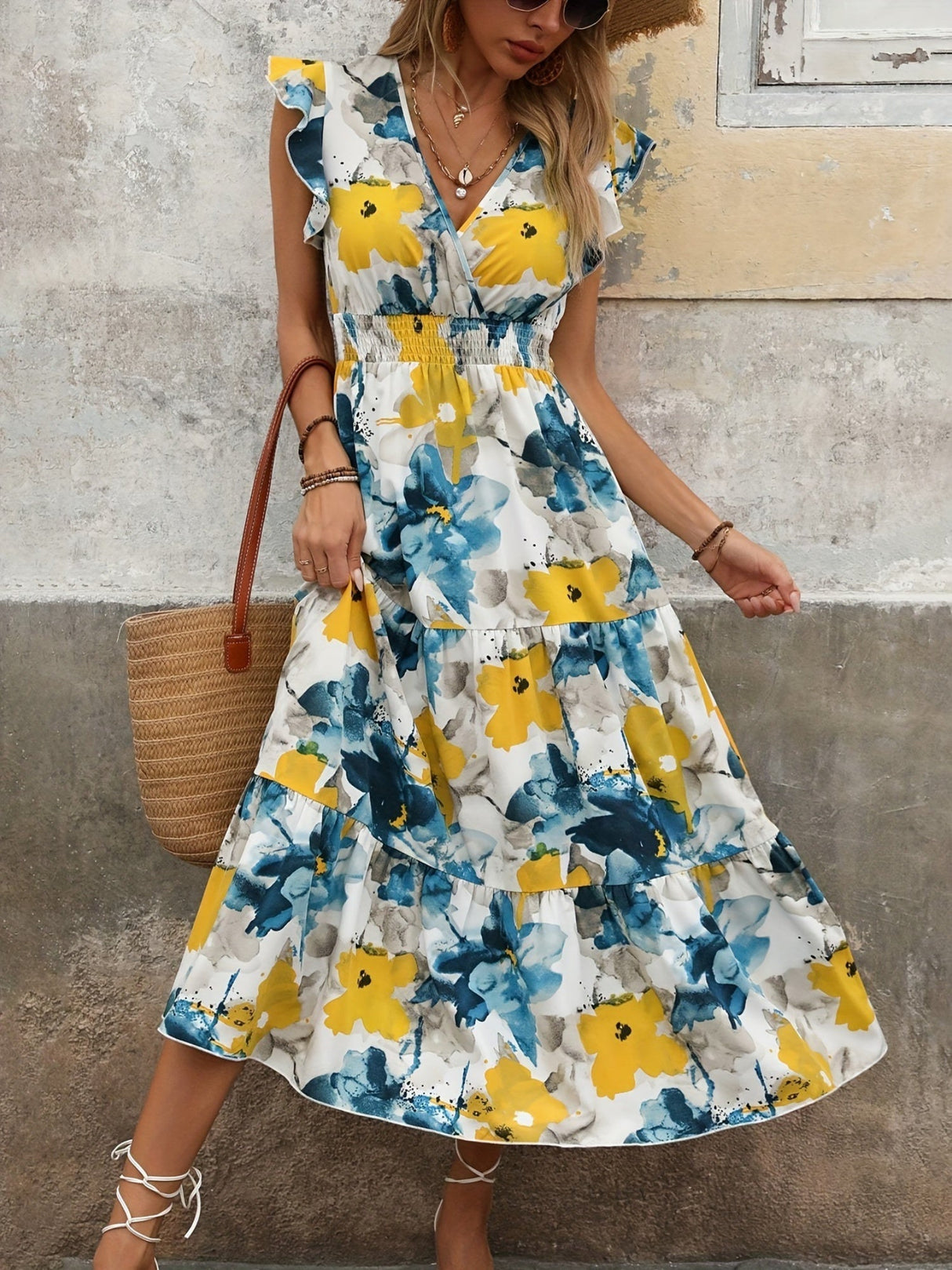Floral Print V-neck Short Sleeve Maxi Dresses