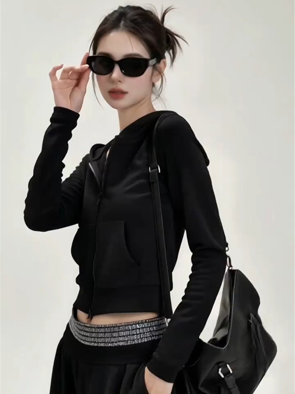 Korean Style Black Hooded Sweatshirt Wide-leg Tracksuit