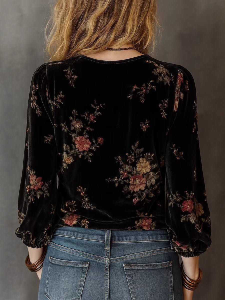 Black V-neck Floral Print Velvet Long-sleeved Shirt
