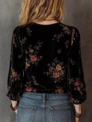 Black V-neck Floral Print Velvet Long-sleeved Shirt