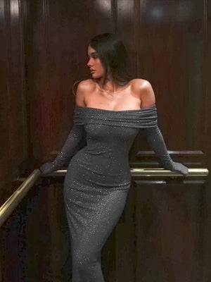 One-shoulder Glitter Long Sleeve Hip-length Dress