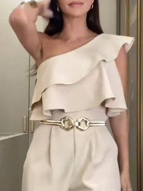 One Shoulder Commuting Ruffle Jumpsuits