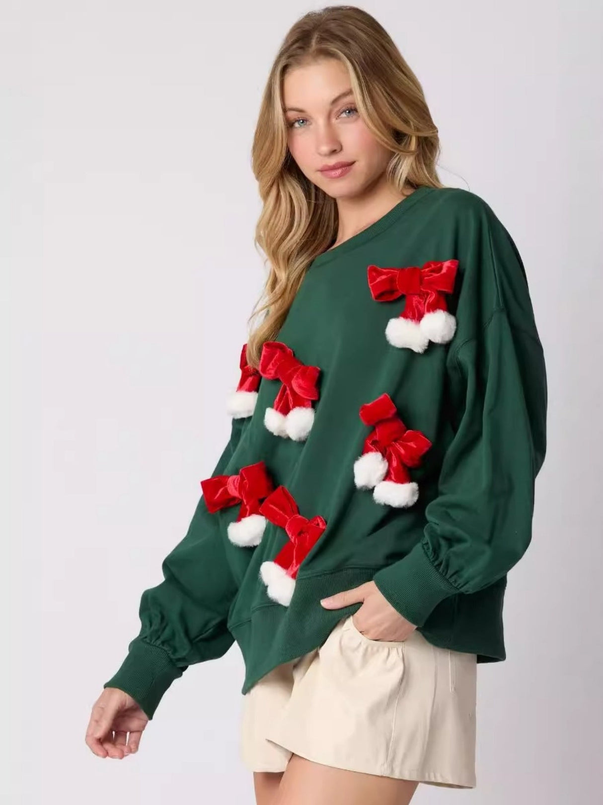 Christmas Bow Decorated Top Casual Long Sleeve Pullover Sweatshirt