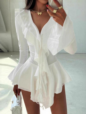 Ruffle Hip-hugging Flared Sleeves Mini&Short Dresses