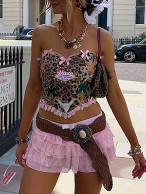 Bow Leopard Print Backless Sweet Tank Tops&Camis