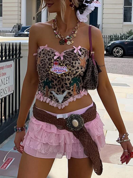 Bow Leopard Print Backless Sweet Tank Tops&Camis