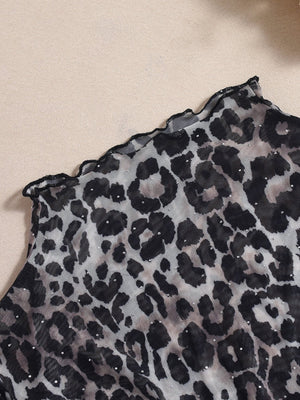 Liber Leopard Print Hot Rhinestones Feather Leopard Print Navel Exposed Long-sleeved T-shirt