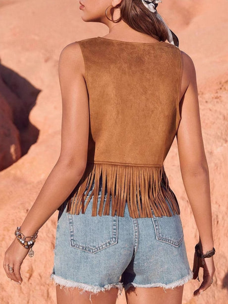 Imitation Suede Tassel Lace Up Sleeveless Vests