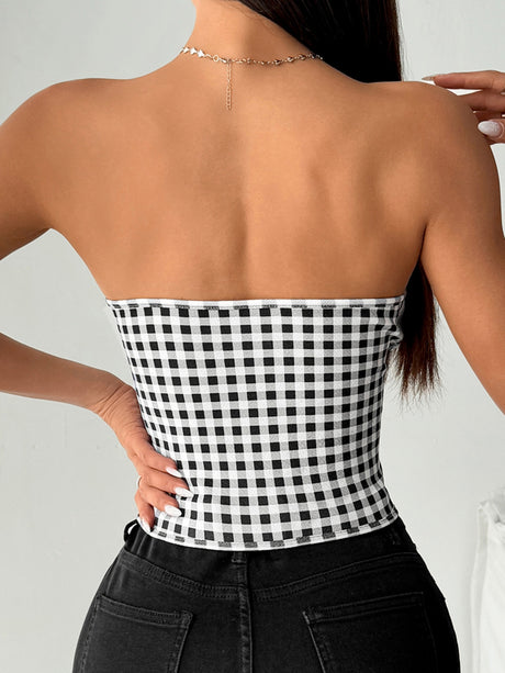 Patchwork Plaid Tie And Tube Top Fishbone Bra Tank Tops&Camis