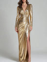 V-neck Long-sleeved Cross-over Wrap Dress With Pleats Cinched Waist High Slit And Long  Fitted Silhouette