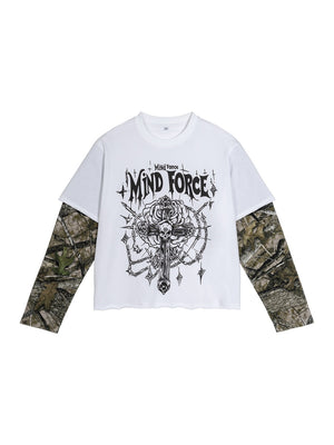Retro Camouflage Layered-look Cropped Loose-fit T-shirts