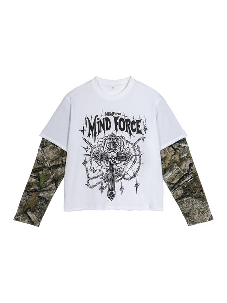 Retro Camouflage Layered-look Cropped Loose-fit T-shirts
