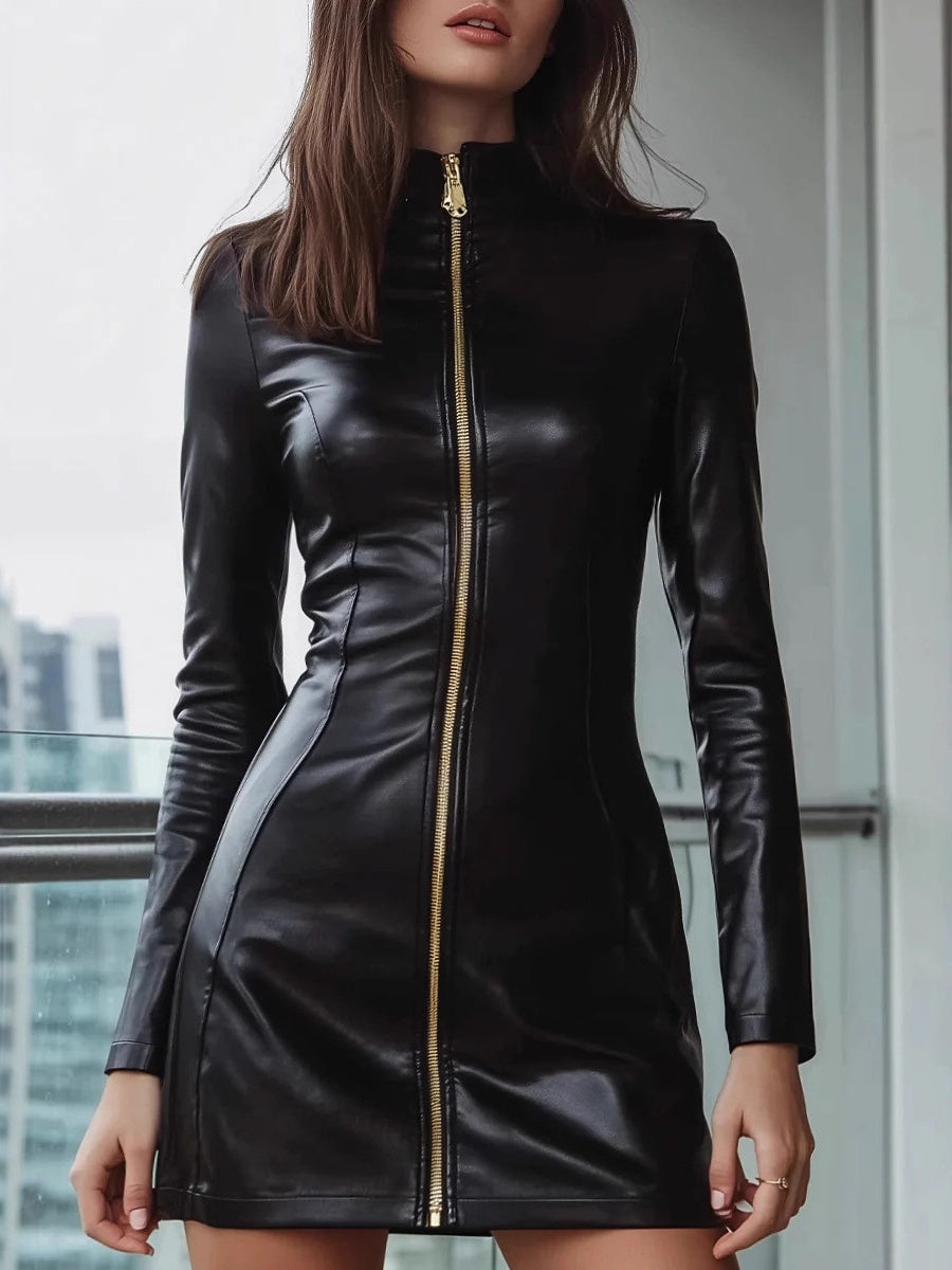 Gloss PU Leather Long Sleeve Zipper Turtleneck Mini&Short Dresses