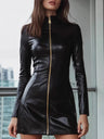 Gloss PU Leather Long Sleeve Zipper Turtleneck Mini&Short Dresses