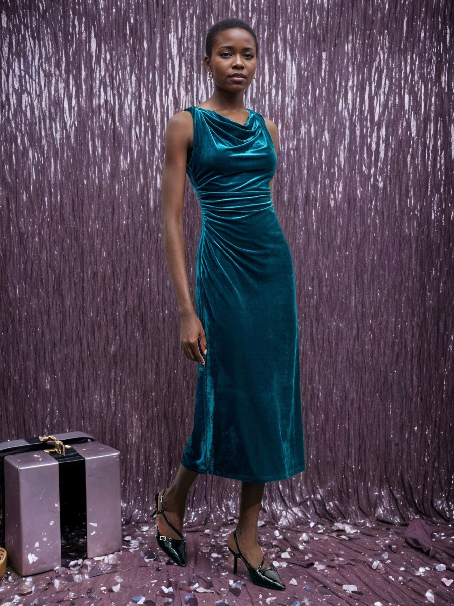 Sleeveless With Slit Draped Collar Velvet Grace Formal Cocktail Midi Dress