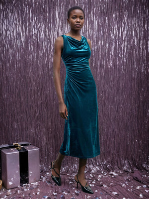 Sleeveless With Slit Draped Collar Velvet Grace Formal Cocktail Midi Dress