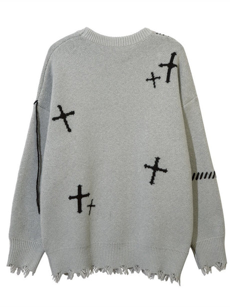 Halloween Dark Cross Jacquard Contrasting Colors Sutures Cut Destroy Sweater