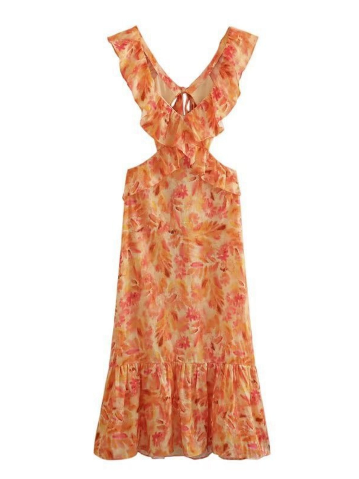 Floral Print Cutouts Revealing The Waist And Back V-neck Suspenders Maxi Dresses
