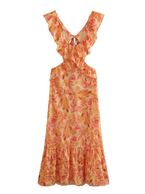 Floral Print Cutouts Revealing The Waist And Back V-neck Suspenders Maxi Dresses