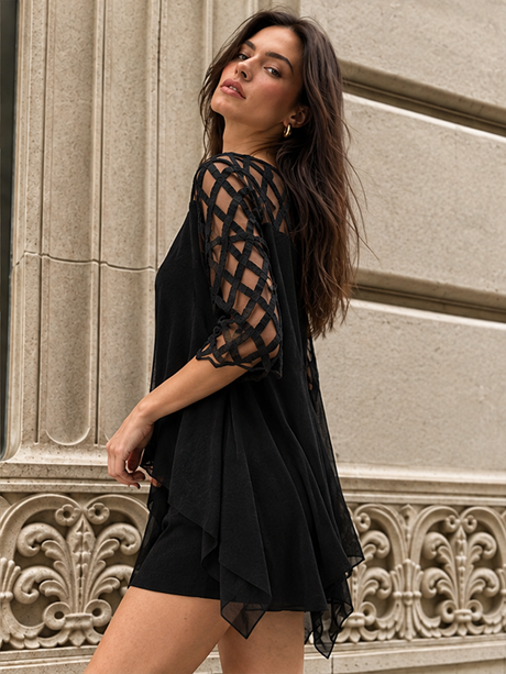 Geometry Splicing Three-quarter Sleeves Irregular Hem Chiffon Midi Dresses