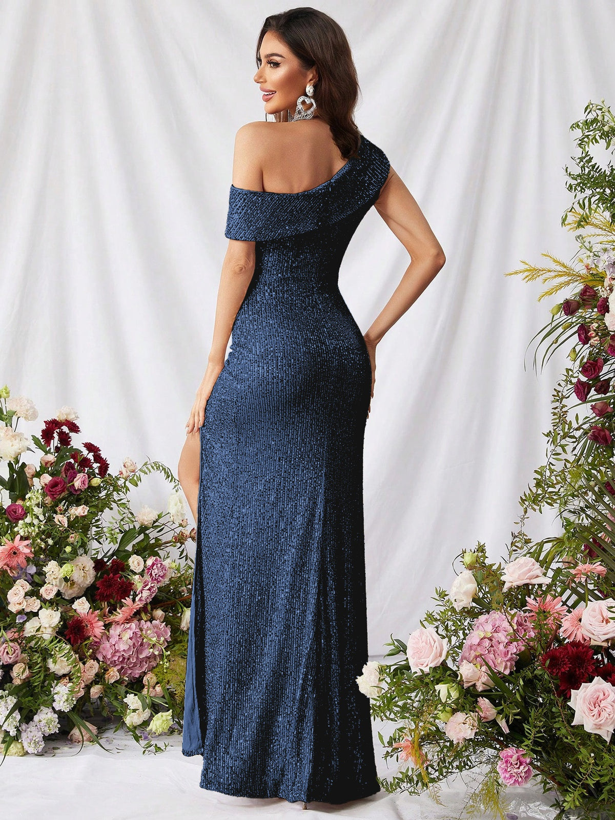 Sequined, Elegant, Asymmetrical Neckline, High Slit Long Dress