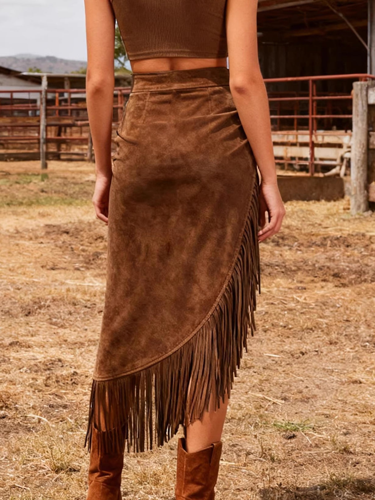 Imitation Suede Tassel Hem Irregular Mid-length Skirts