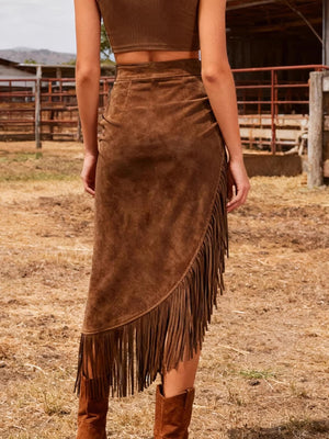Imitation Suede Tassel Hem Irregular Mid-length Skirts